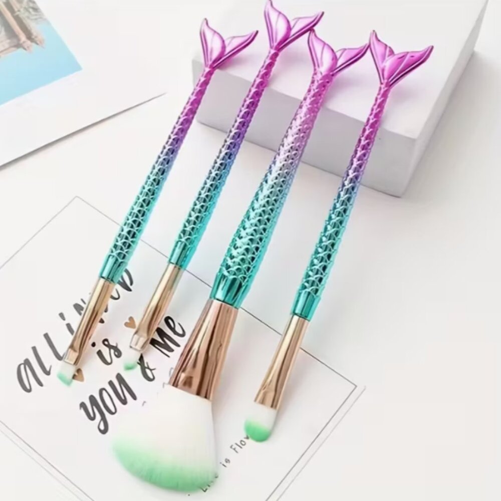 4-Piece Mermaid Makeup Brush Set | Metallic Teal Pink Purple | Tail Handle Brush
